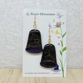 Boucles d'oreille fantaisie forme dé à coudre, couleur violet et doré fait main