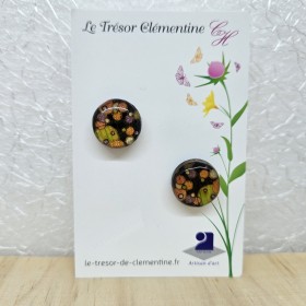 Puce bouton d'oreille bulles multicolores fond noir bijou artisanal