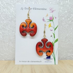 Boucles d'oreilles fantaisie originale style médiéval rouge et feu pailleté