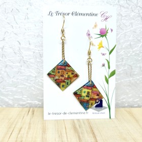 boucle d'oreille fantaisie et pendante Collection Villages du soleil losange multicolore