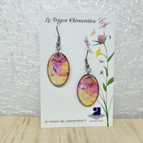 Paire de boucles d'oreilles artisanale ovale décor délicat rose, beige et argent verso violet et or