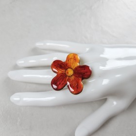 Bague fantaisie fleur rouge et doré champêtre Artisanat d'art réglable