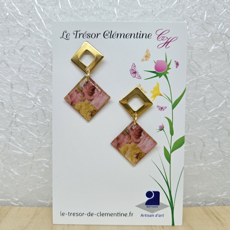 Boucle d'oreille pendante losanges multicolore et or biface upcycling