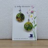 Boucle d'oreille artisanale biface vert à multicolore décor steampunk - engrenages, monture dormeuse inox