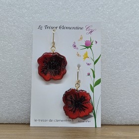 Boucle d'oreille coquelicot fabrication artisanale tons rouge et noir très légère, monture dormeuse dorée