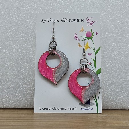 Paire de boucle d'oreille artisanale collection "les pulpeuses" rose et argent fait main monture acier inoxydable