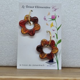 Boucles d'oreille fantaisies décor fleur évidée automnale à feu sur créole doré, réversible