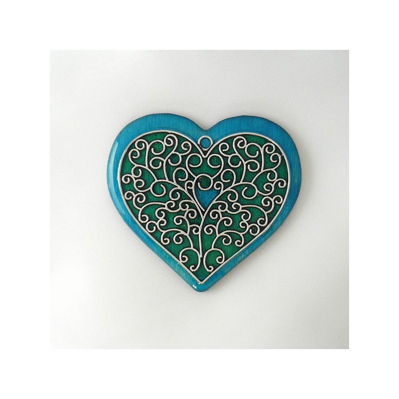Broche coeur bleu et vert style baroque Broche coeur bleu et vert style baroque