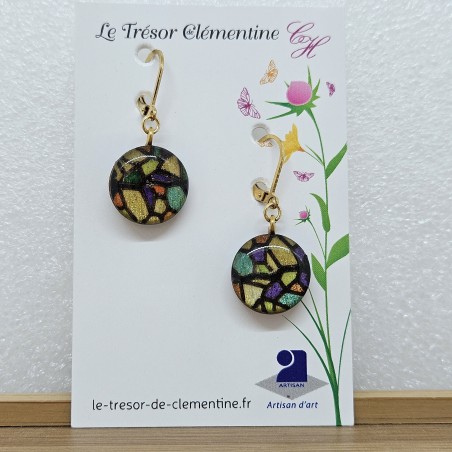 Boucles d'oreilles artisanales avec vitrail multicolore monture dorée