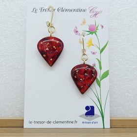 Paire de boucle d'oreille fantaisie "perle de rosée" rouge à paillettes dorées monture dormeuse. Fait main