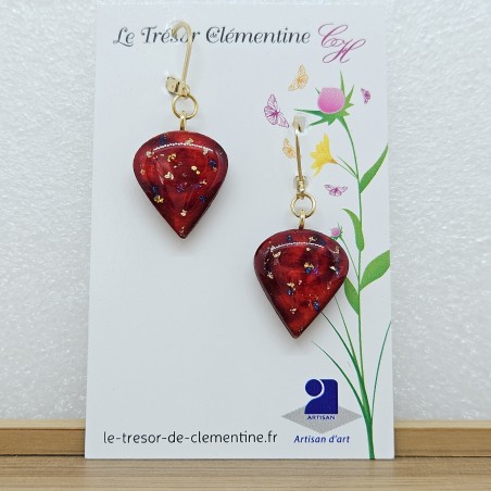 Paire de boucle d'oreille fantaisie "perle de rosée" rouge à paillettes dorées monture dormeuse. Fait main