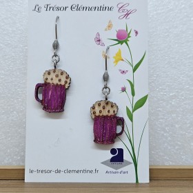Boucles d'oreilles artisanales chope de bière monture argentée