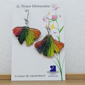 Boucle d'oreille feuille ginko biloba fabrication artisanale multicolore