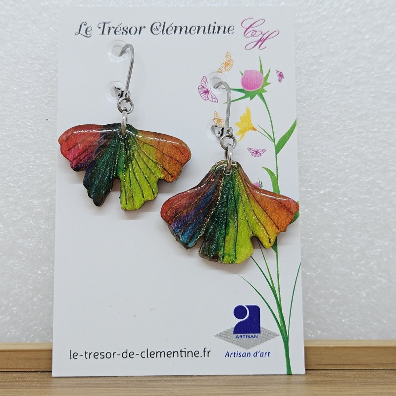 Boucle d'oreille feuille ginko biloba fabrication artisanale multicolore