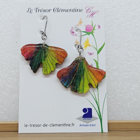 Boucle d'oreille feuille ginko biloba fabrication artisanale multicolore