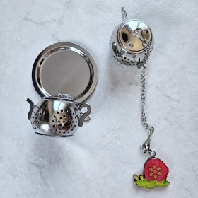 Boule à thé tisane forme théière décor escargot rose et vert