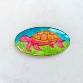 Broche fantaisie décor tortue bleu, vert et orangé brun, fait main