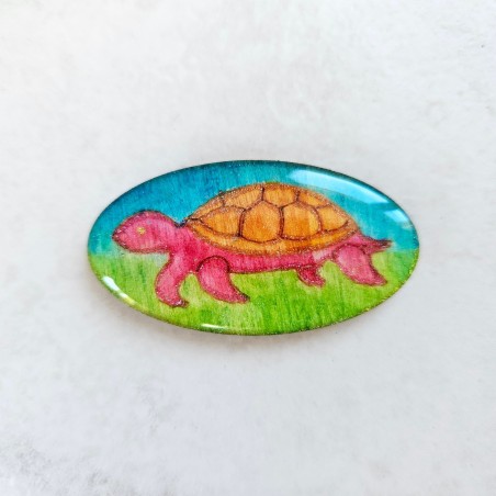 Broche fantaisie décor tortue bleu, vert et orangé brun, fait main