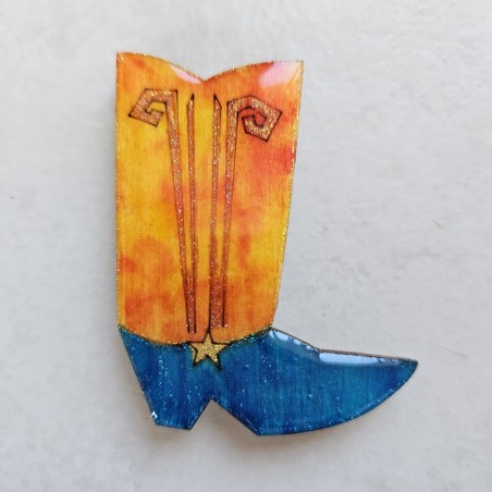 Broche fantaisie botte danse country orange feu et turquoise  fait main