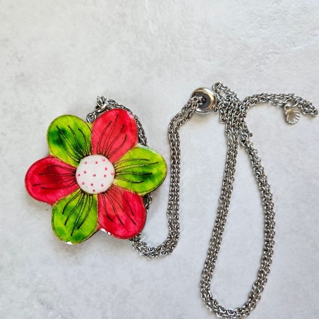 Collier artisanal pendentif fleur rose anis et blanc chaîne réglable fait main