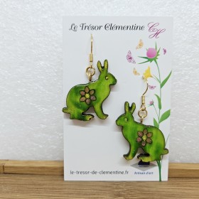 Boucles d'oreilles fantaisie lapin vert anis et doré fait main