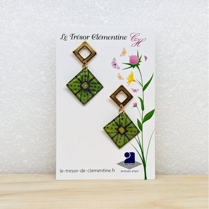 Boucle d'oreille pendante  village du soleil multicolore et doré biface upcycling