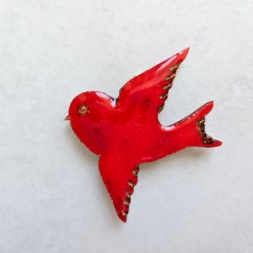 Broche artisanale petit oiseau rouge, fait main