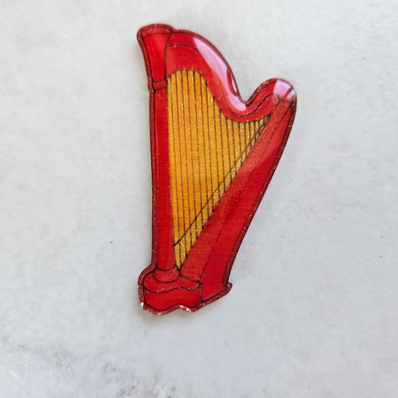 Broche artisanale harpe rouge et dorée, musique, fait main