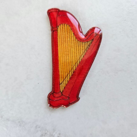 Broche artisanale harpe rouge et dorée, musique, fait main