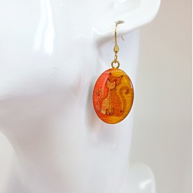 Boucle oreille fantaisie couple de chats orange à ton feu monture dorée boucles d'oreille fantaisie ludiques adulte et enfant