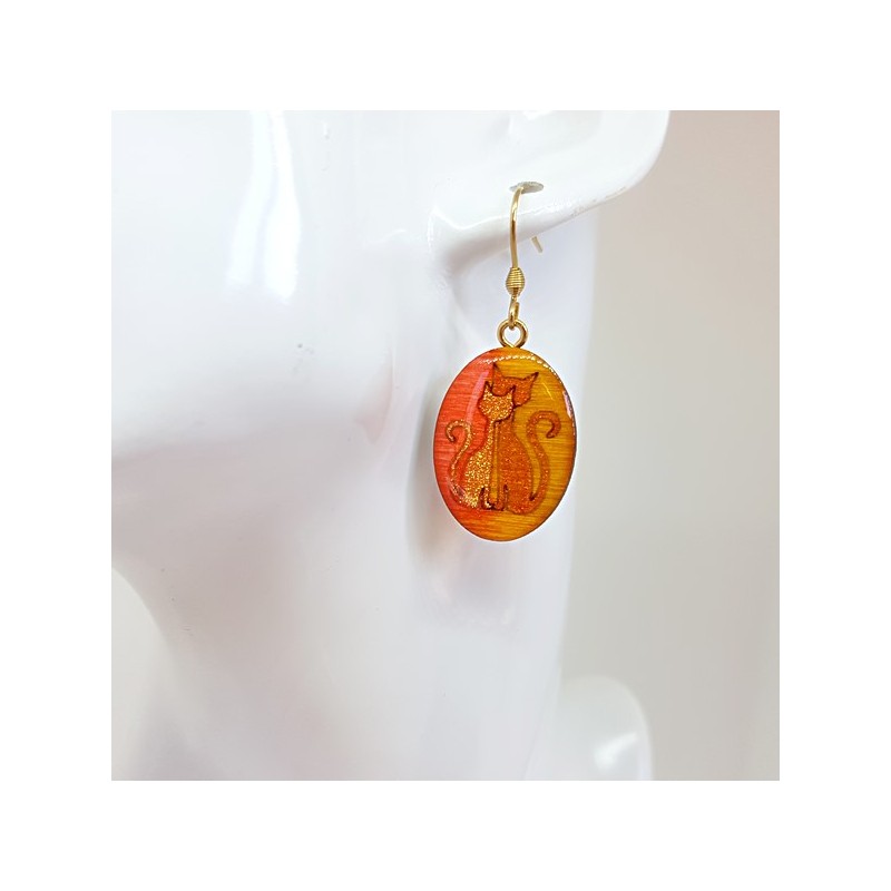 Boucle oreille fantaisie couple de chats orange à ton feu monture dorée boucles d'oreille fantaisie ludiques adulte et enfant