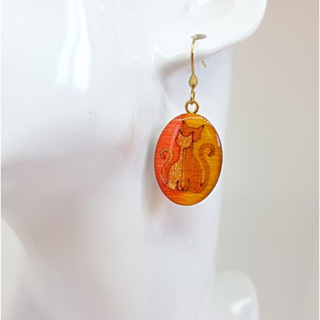 Boucle oreille fantaisie couple de chats orange à ton feu monture dorée boucles d'oreille fantaisie ludiques adulte et enfant