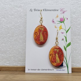 Boucle oreille chats doré orange à ton feu monture dorée acier inoxydable