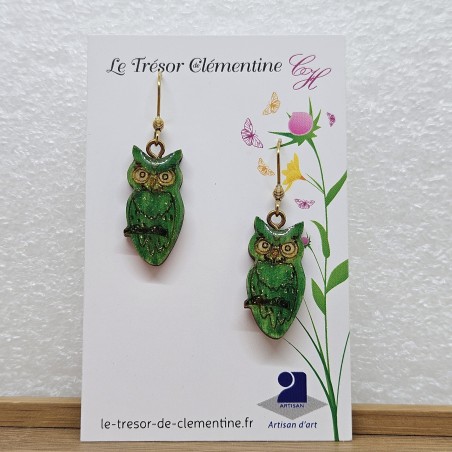Boucle d'oreille fantaisie femme forme chouette vert et doré fait main