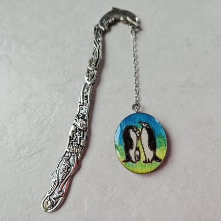 Marque-page famille pingouins support métal dauphin couleur argent