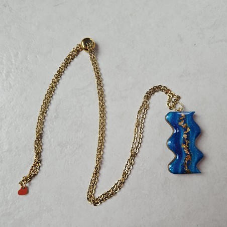 Sautoir Collier artisanal turquoise et pailleté doré réglable fait main