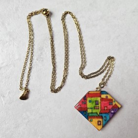 Sautoir artisanal décor village soleil multicolore fait main réglable