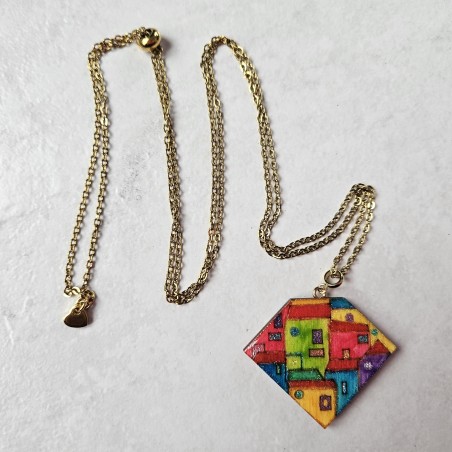 Sautoir artisanal décor village soleil multicolore fait main réglable