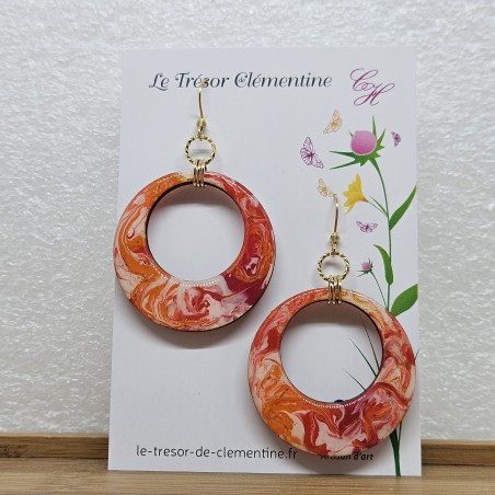 Boucle d'oreille fantaisie grande créole camaïeu d'orange à blanc