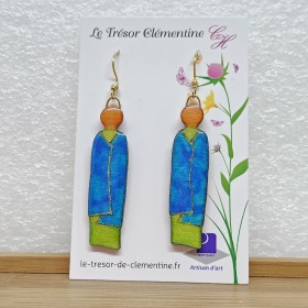 Boucle d'oreille fantaisie personnage  turquoise et anis fait main monture dormeuse