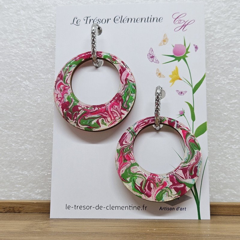 Boucle d'oreille fantaisie grande créole camaïeu rose et vert à blanc