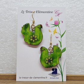 Boucles d'oreille fantaisie poule vert anis fleur et pailleté fait main, monture inox doré