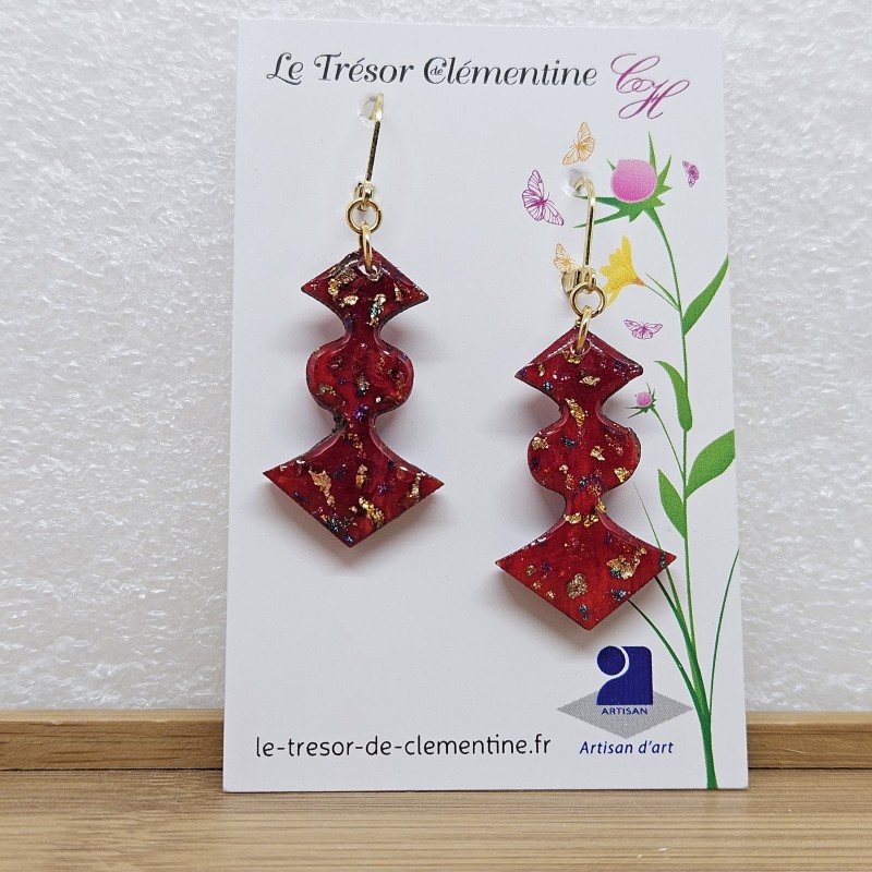 Paire de boucles d'oreilles fantaisie pendante chic, forme originale rouge passion et pailleté or avec dormeuse