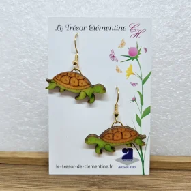 Boucles d'oreilles Tortue vert et orange en bois - Bijou artisanal français - Acier inoxydable - poids plume