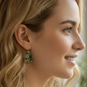 Boucle d'oreille artisanale vert à multicolore steampunk - engrenages, dormeuse inox habille le visage