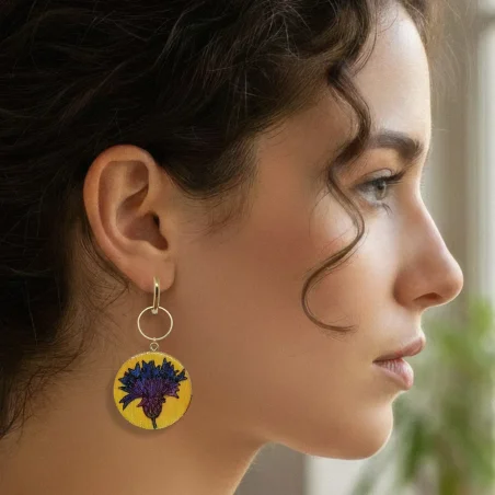 Grandes boucles d'oreilles fleuries - Bleuets stylisés - biface et asymétriques monture acier inoxydable