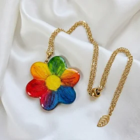 Collier femme pendentif de forme coeur fleur multicolore chaîne réglable fait main