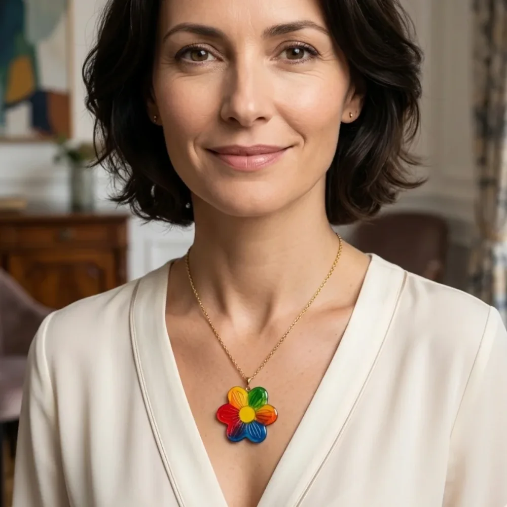 Collier pendentif fleur multicolore chaîne réglable fait main