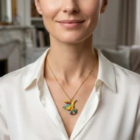 Sautoir Artisanal colibri Multicolore en Bois : Collier Long Design & Couleurs de l'Arc-en-Ciel Très léger