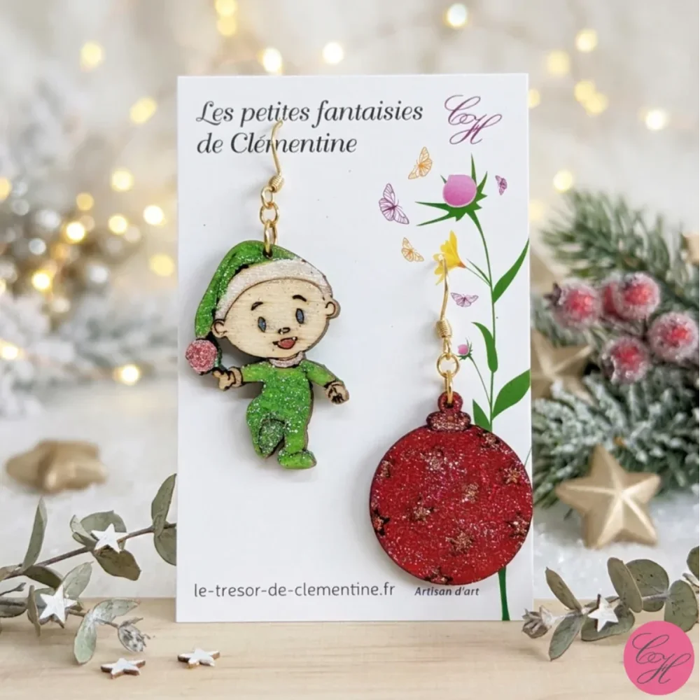 Boucles d'Oreilles Lutin de Noël - Vert et Rouge Pailleté, boucles d'oreilles fantaisie